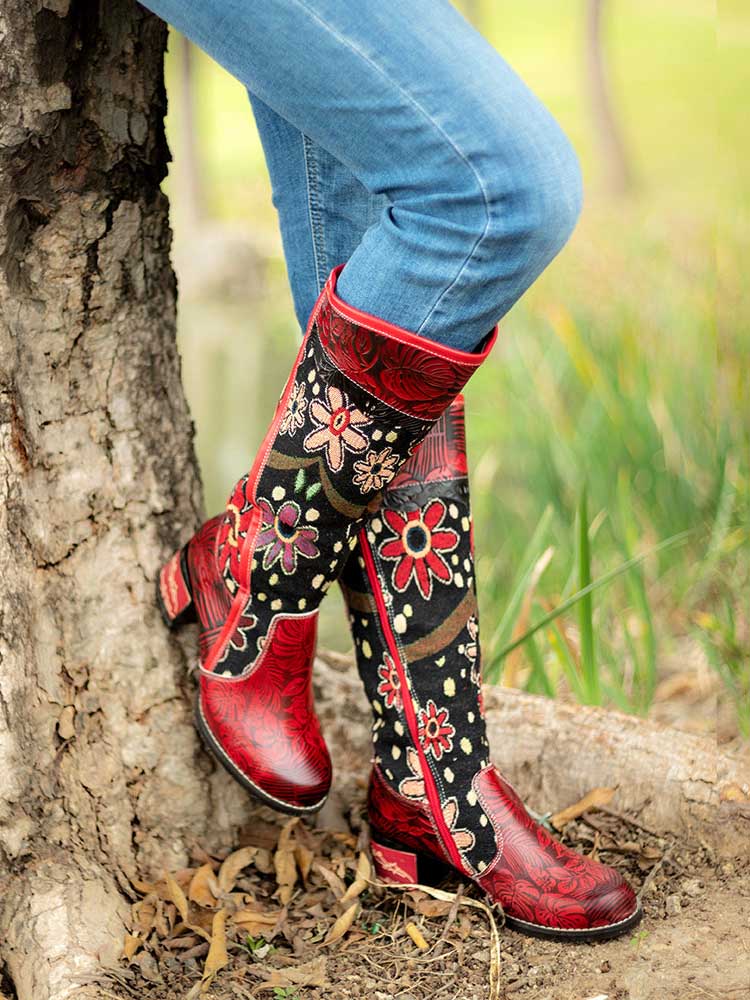 Bohemian Leather Block Heel Long Boots – product view 7