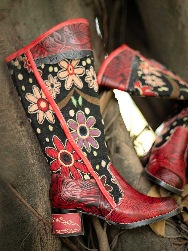 Bohemian Leather Block Heel Long Boots – product view 11