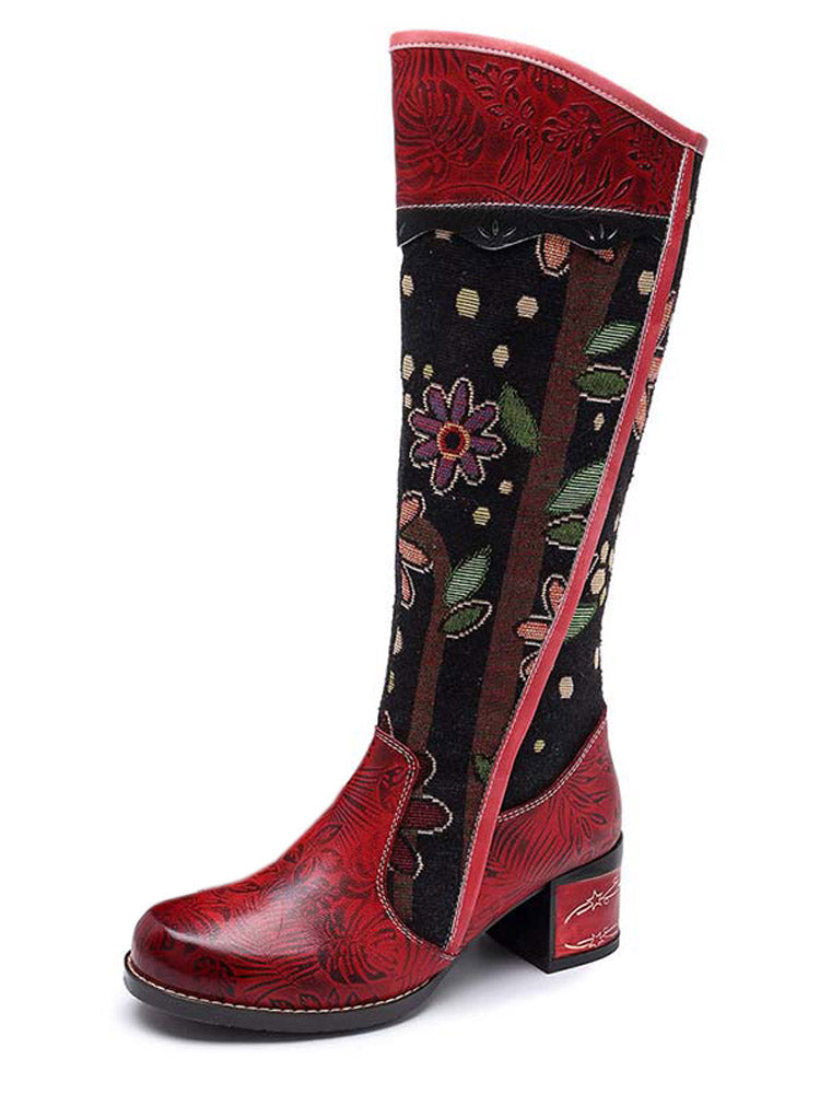 Bohemian Leather Block Heel Long Boots – product view 1