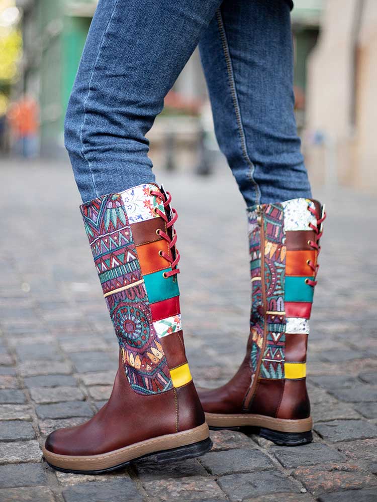 Bohemian Leather Splicing Pattern High Tube Boots – product view 8