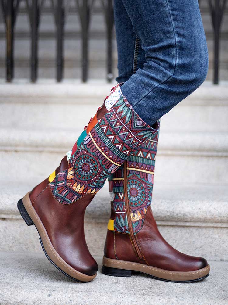 Bohemian Leather Splicing Pattern High Tube Boots – product view 9