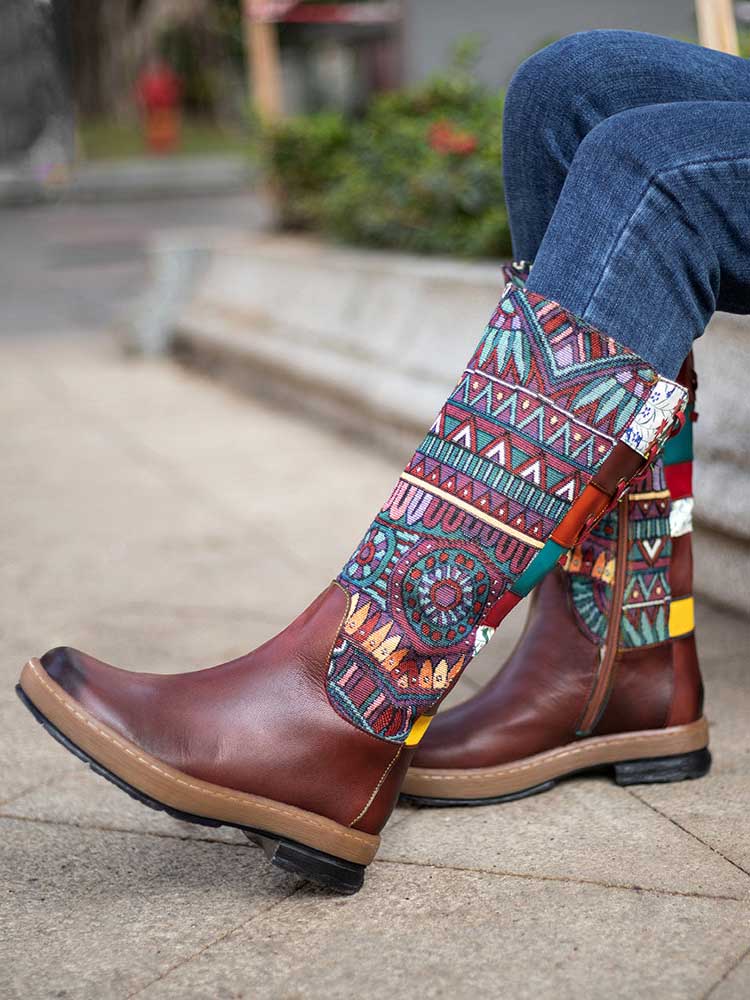 Bohemian Leather Splicing Pattern High Tube Boots – product view 10