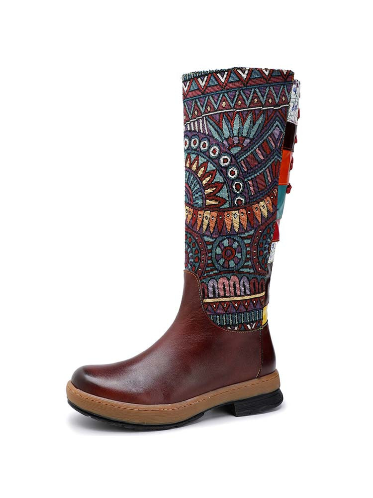 Bohemian Leather Splicing Pattern High Tube Boots – product view 1