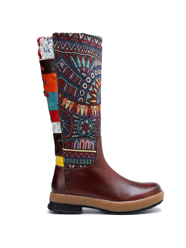 Bohemian Leather Splicing Pattern High Tube Boots – product view 3