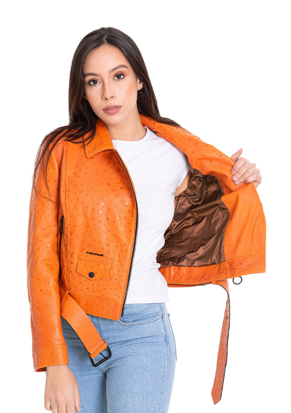 Vinci Leather The Martos Orange Ostrich Leather Women Jacket – product view 2