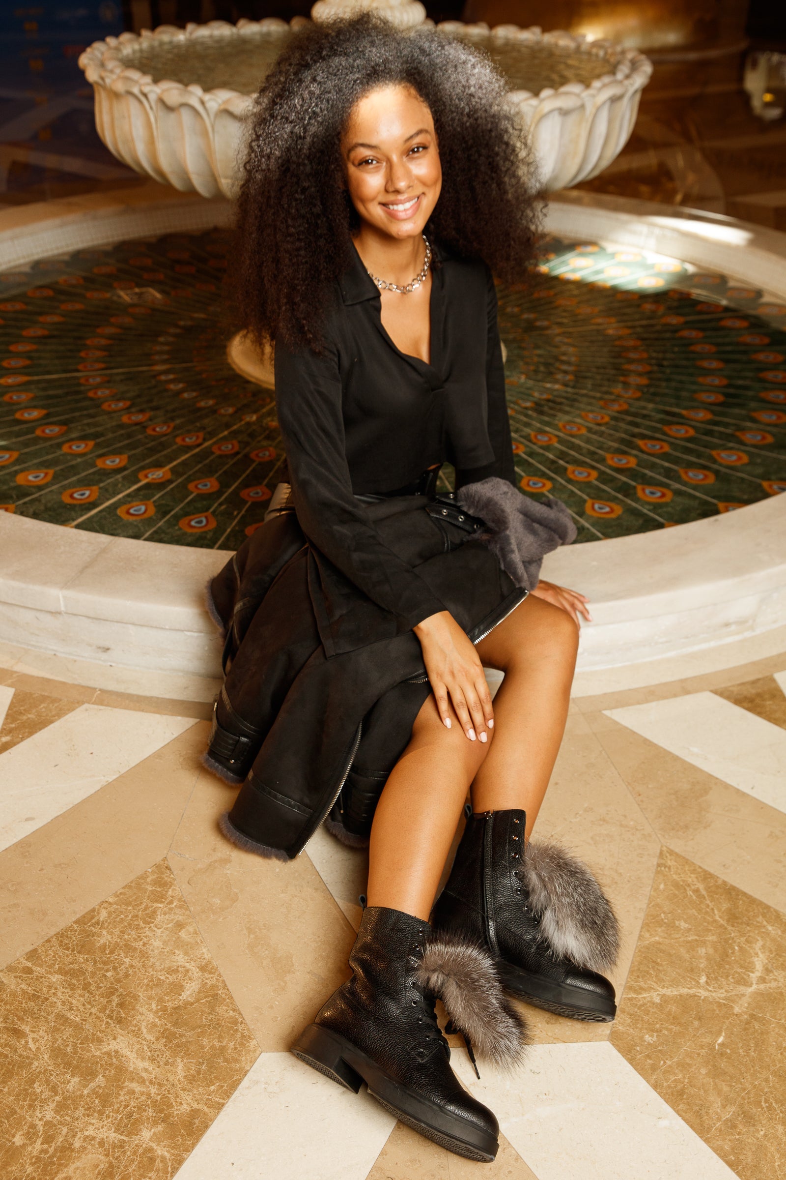 The Kajapati Black Leather Natural Fur Mid Calf Women Boot