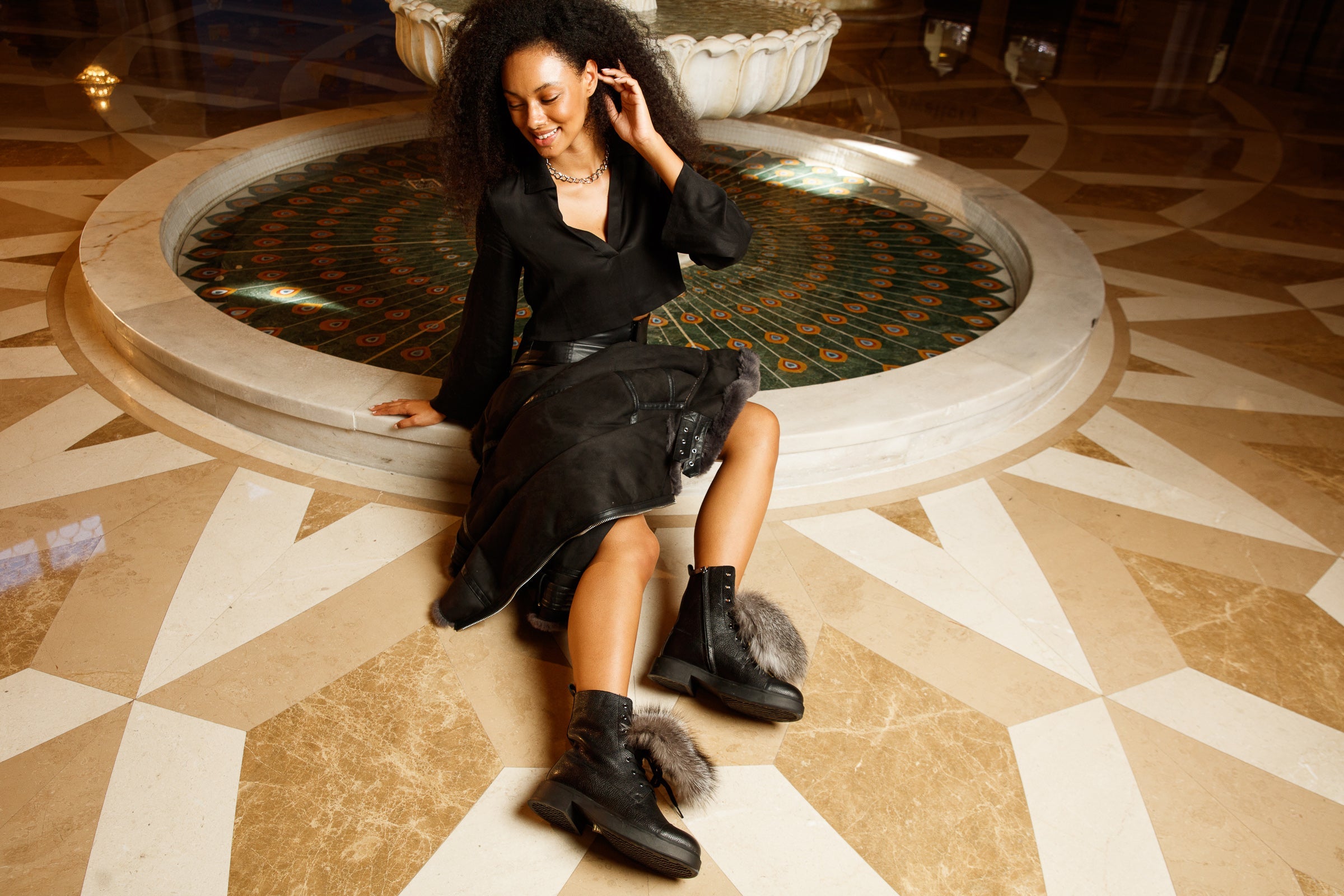 The Kajapati Black Leather Natural Fur Mid Calf Women Boot