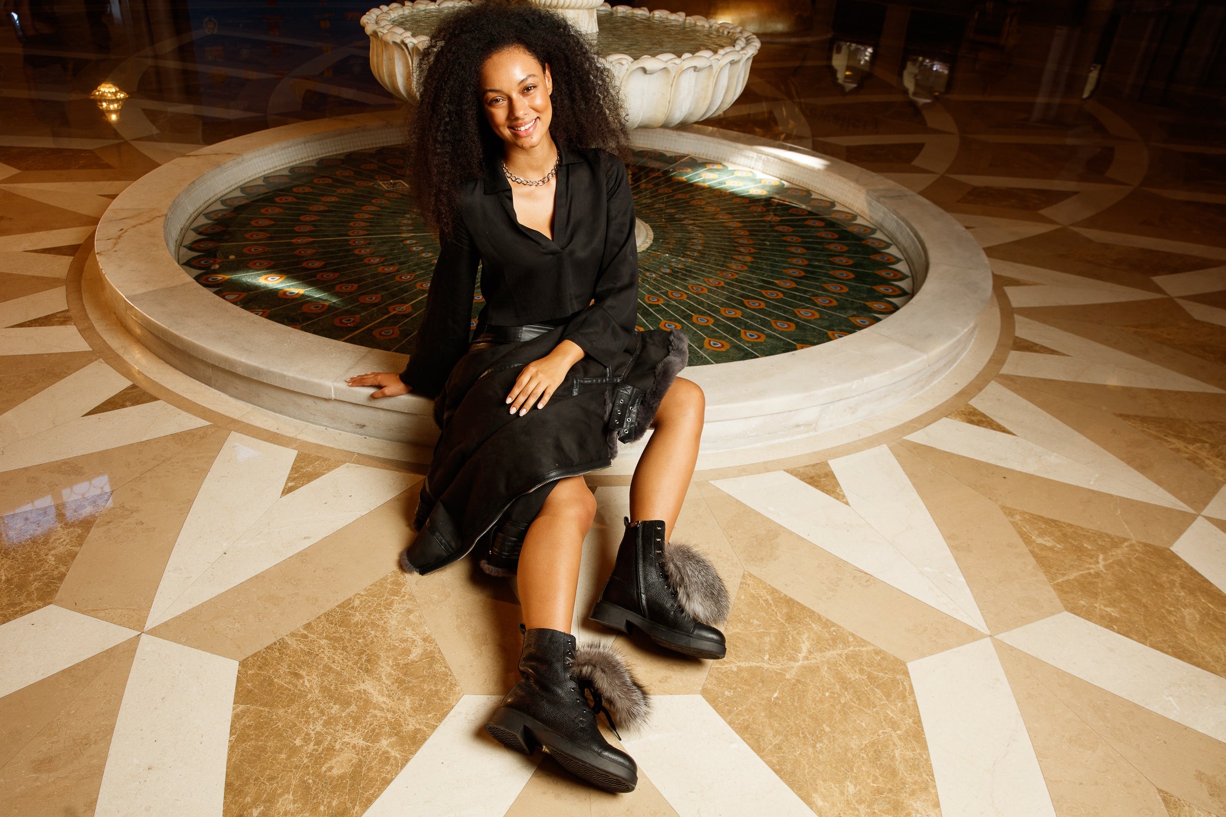 The Kajapati Black Leather Natural Fur Mid Calf Women Boot