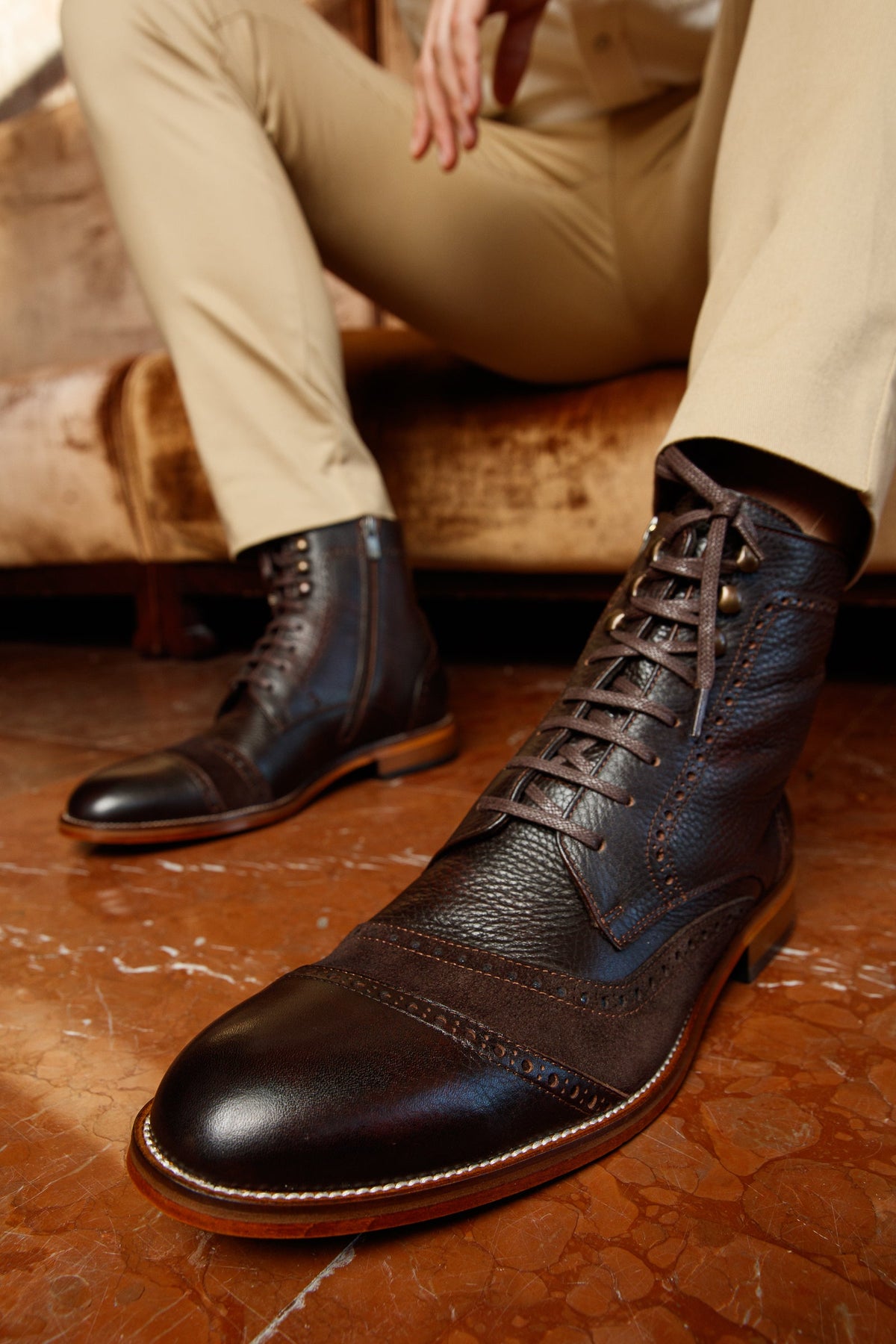 Vinci Leather The Anderson Brown Leather & Suede Brogue Lace-Up Men Boot with a Zipper – product view 4