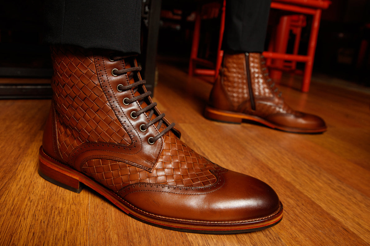 The Loddon Tan Leather Wingtip Brogue Handwoven Lace-Up Men Boot with a Zipper