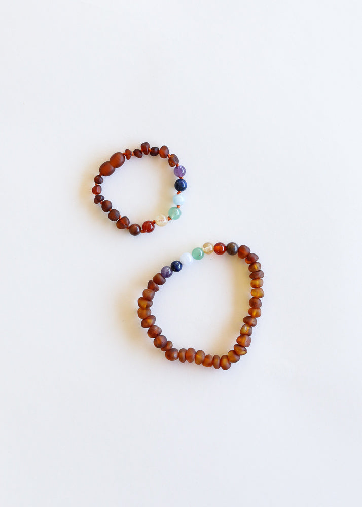 Raw Cognac Baltic Amber + CHAKRA Crystals || Bracelet Set