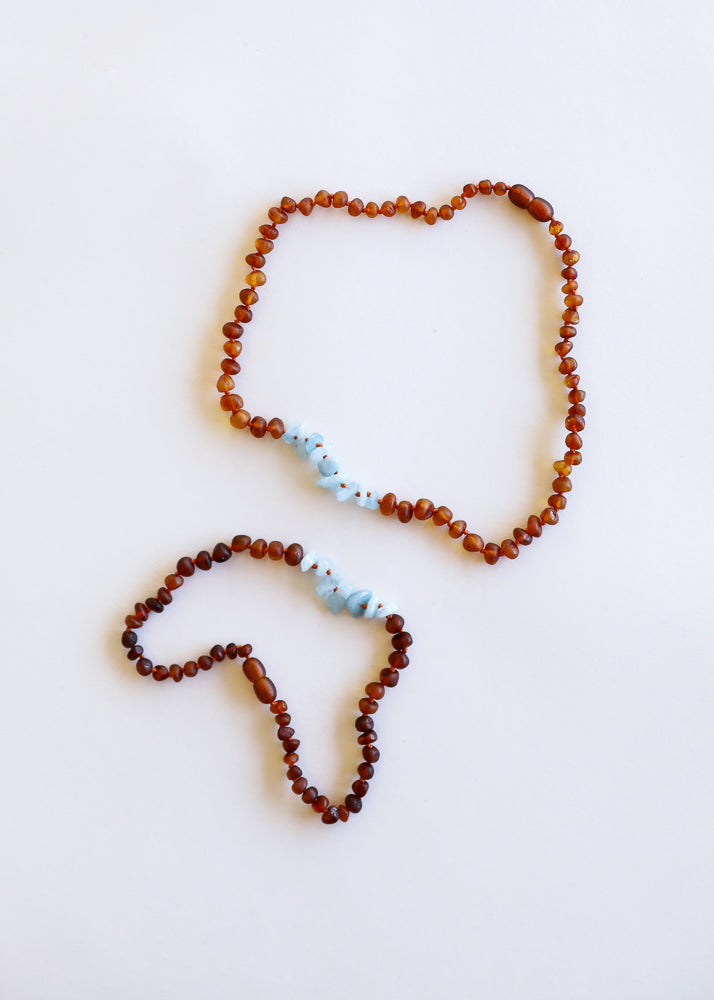 Raw Cognac Baltic Amber + Raw Aquamarine || Necklace Set