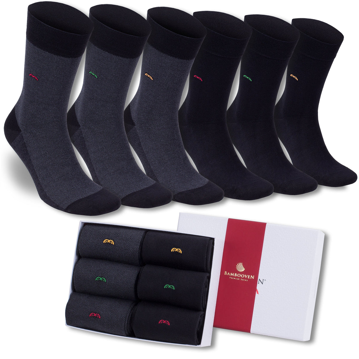 Menβs Bamboo Dress Socks 6-Pack, Black, Charcoal & Navy