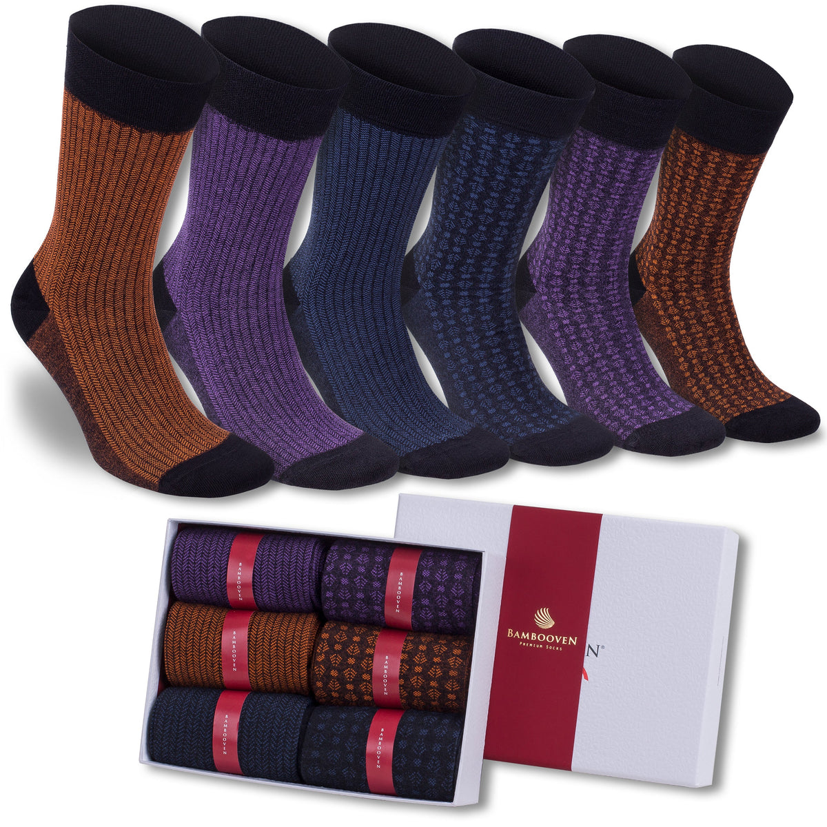 Men’s Bamboo Dress Socks 6-Pack Gift Box, Rust & Purple