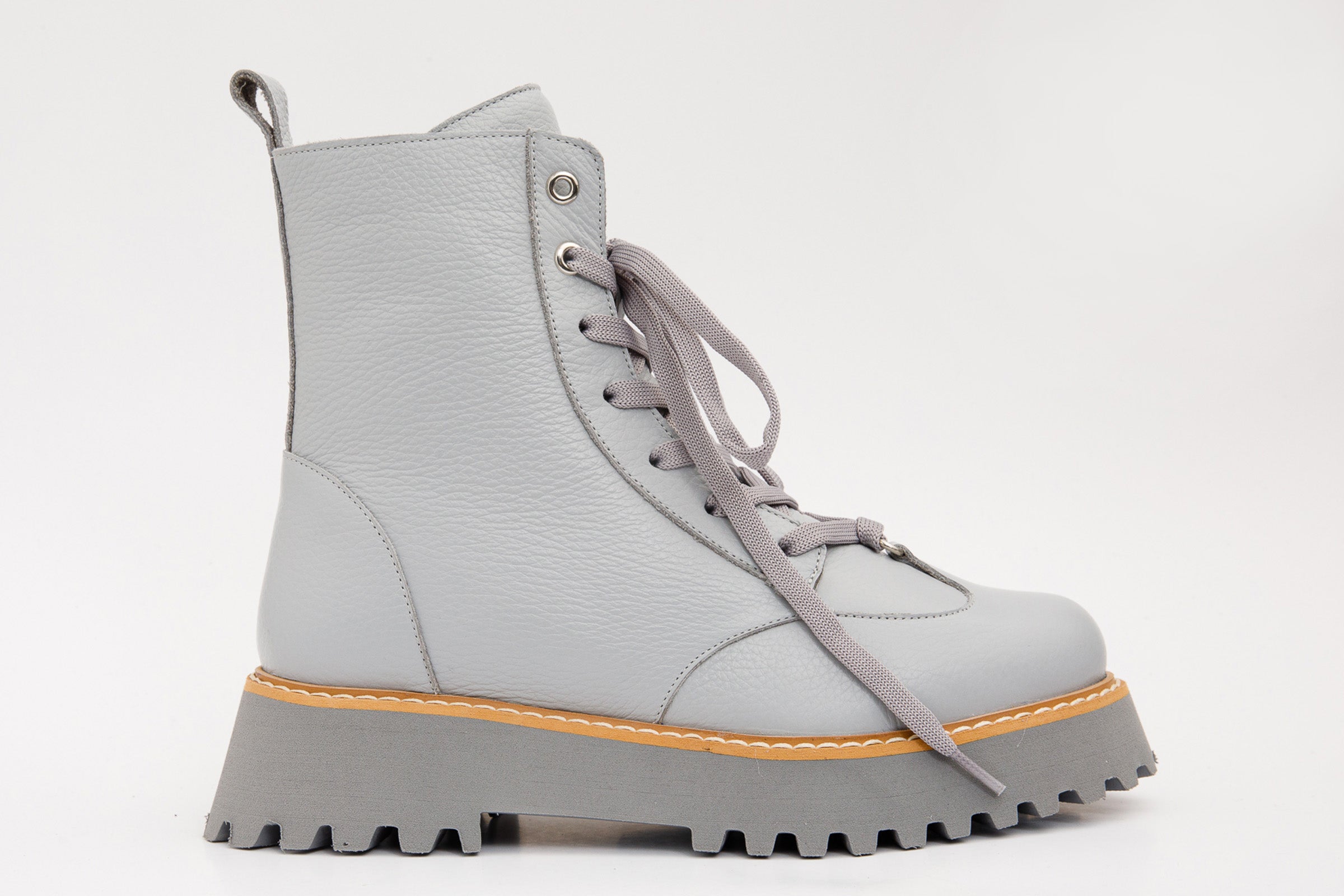 The Yildiz Gray Leather Lace-Up Ankle Women Boot With a Side Zipper