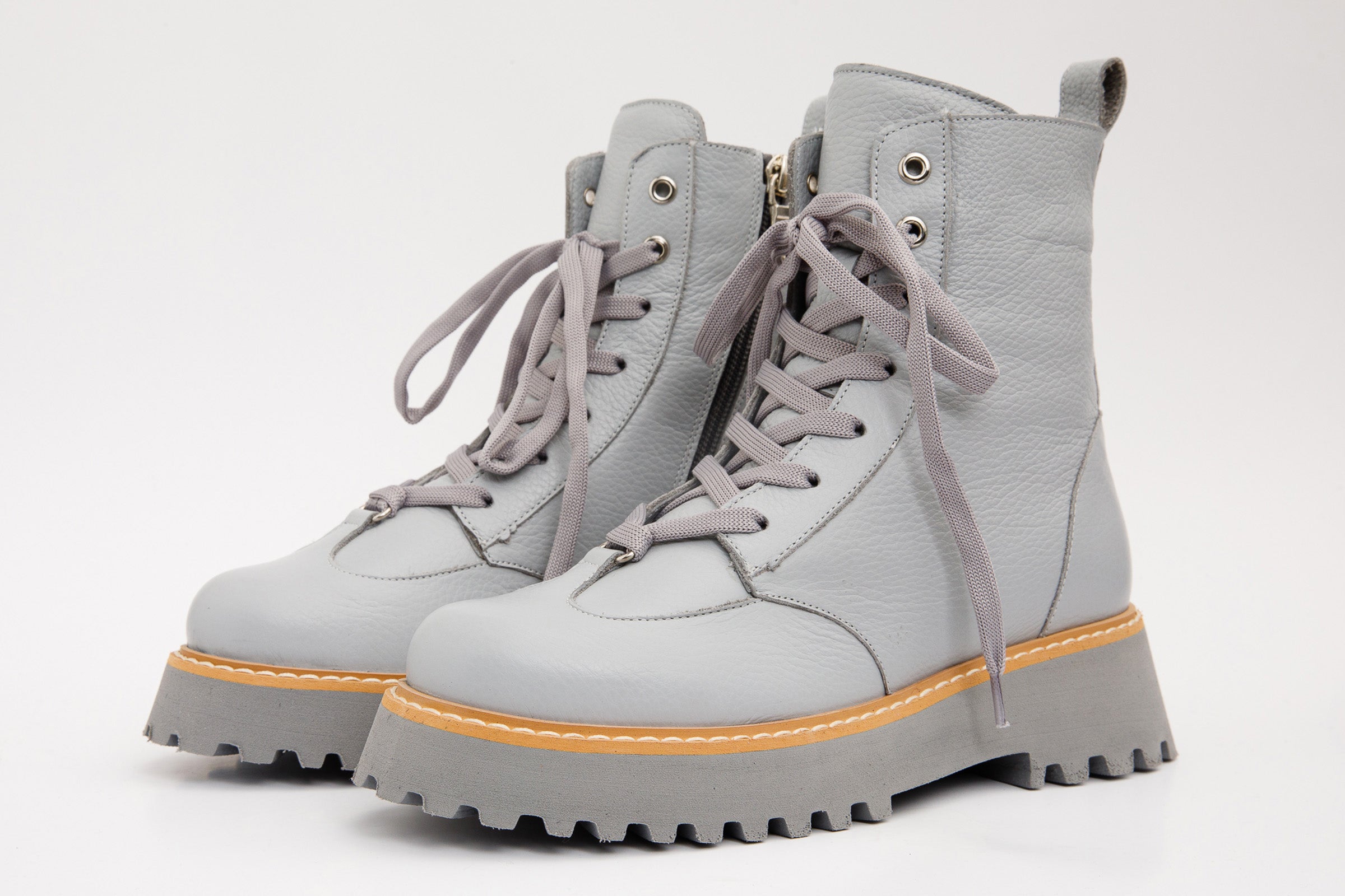 The Yildiz Gray Leather Lace-Up Ankle Women Boot With a Side Zipper