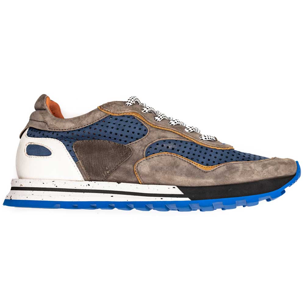 Zelli Italia Men's 66-237-BLU RAYA Perforated Italian Calfskin Sneakers, Blue/Taupe
