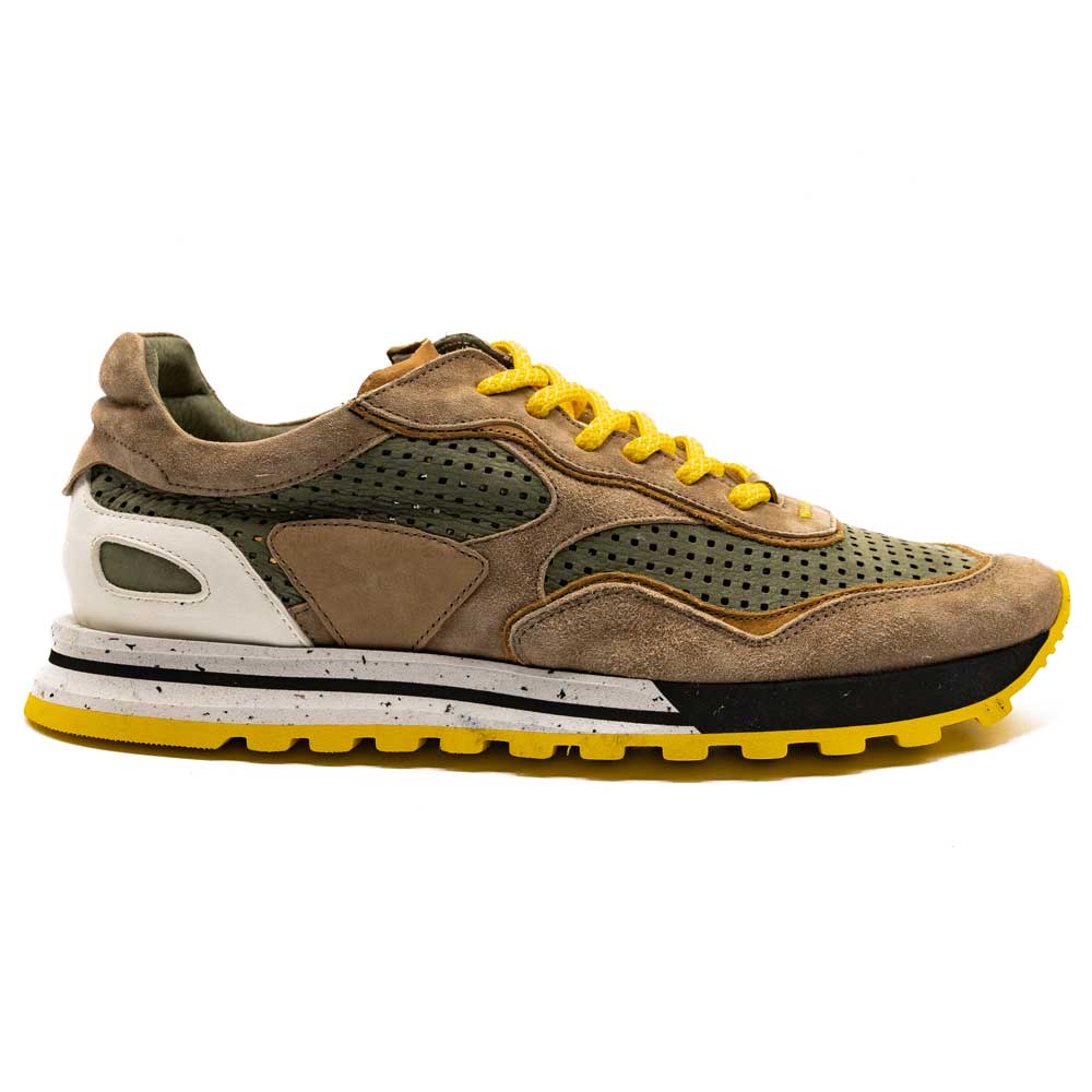 Zelli Italia Men's 66-237-MOS RAYA Perforated Italian Calfskin Sneakers, Moss/Taupe