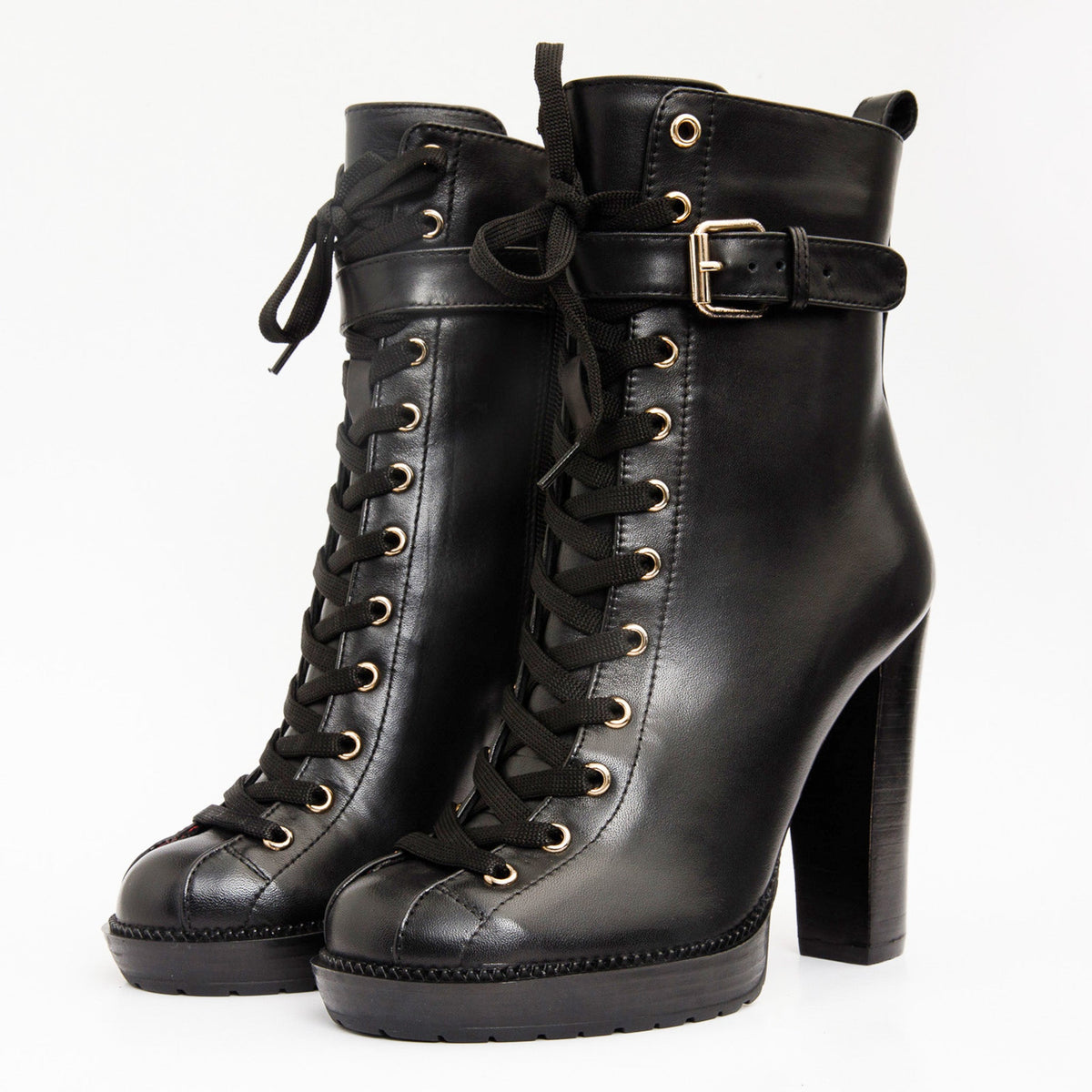 Vinci Leather The Estrada Black Leather Lace-Up Platform Heel Mid Calf Women Boot – product view 2