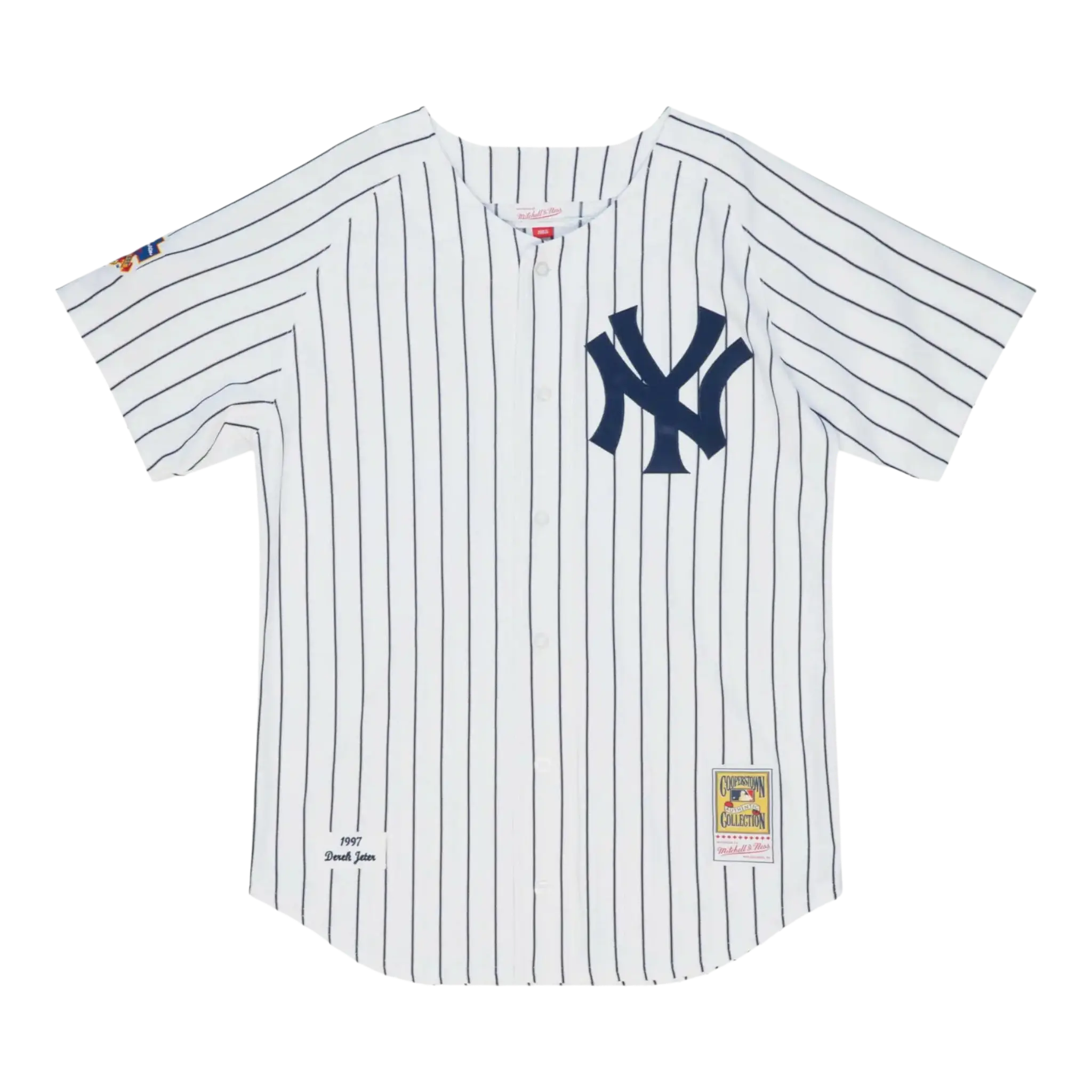 Mitchell & Ness Authentic New York Yankees 1997 Derek Jeter Men's Baseball Jersey — White/Navy Pinstripe