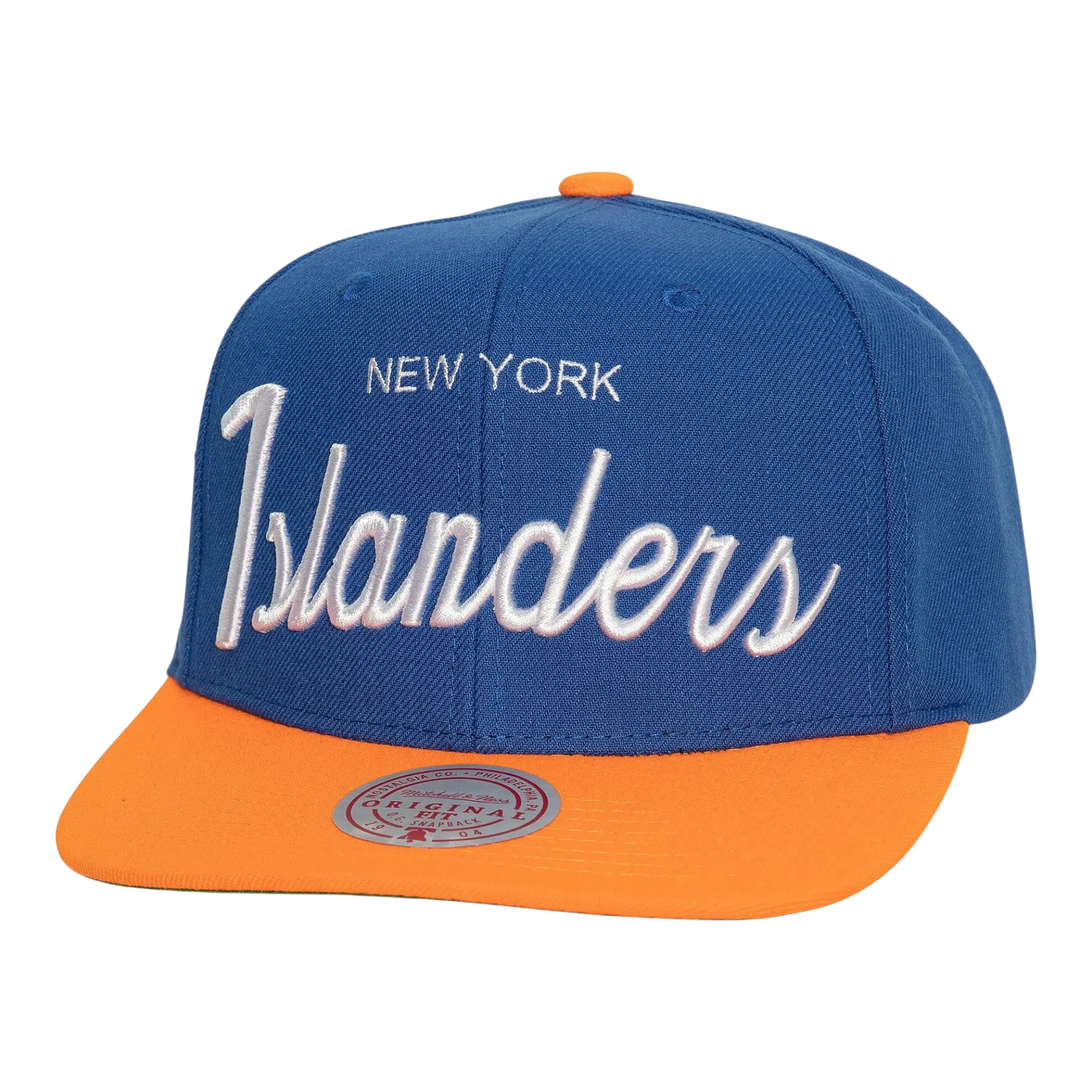 Mitchell & Ness NHL New York Islanders Vintage Script Snapback Hat — Blue Adjustable Cap