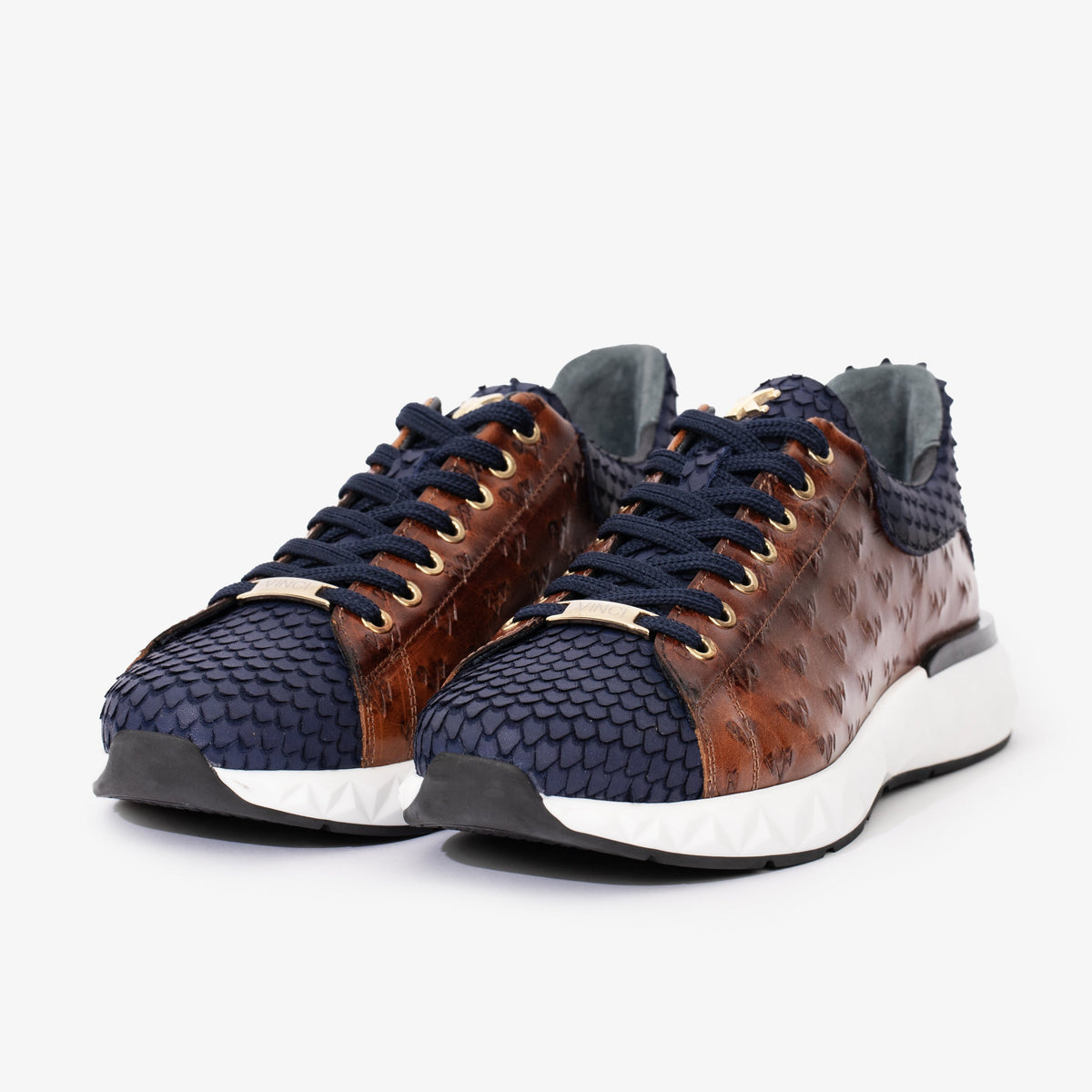 Vinci Leather The Caesars Navy & Tan Leather Men Sneaker – product view 3