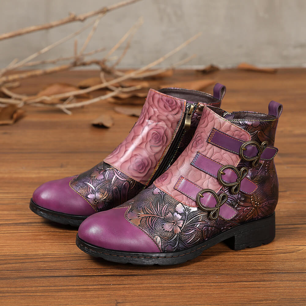 Retro Handmade Leather Painted Floral Flats Boots – product view 9