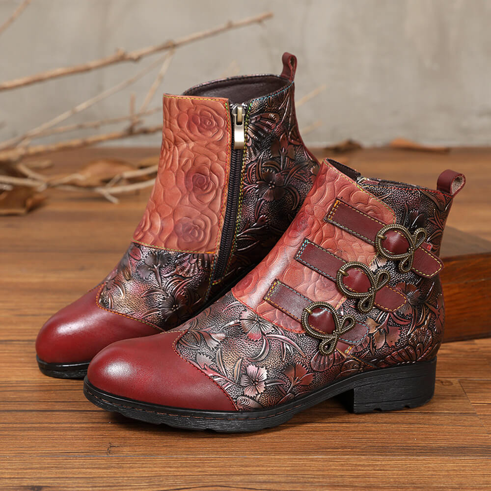 Retro Handmade Leather Painted Floral Flats Boots – product view 20