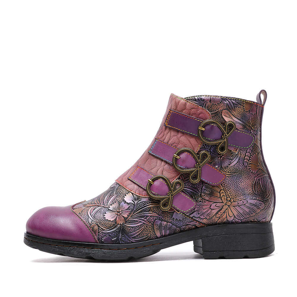 Retro Handmade Leather Painted Floral Flats Boots – product view 6