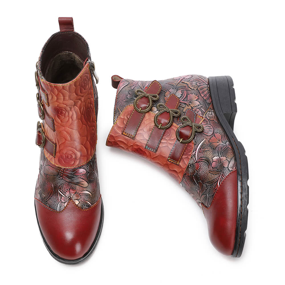 Retro Handmade Leather Painted Floral Flats Boots – product view 19