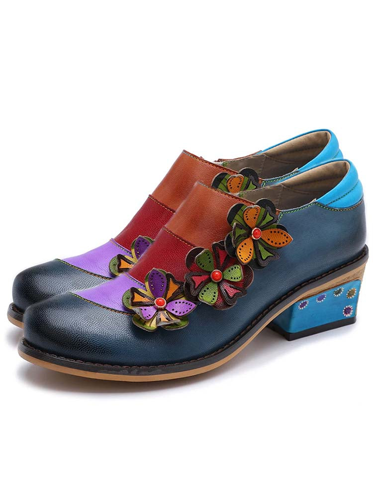 Retro Flowers Splicing Genuine Leather Flat Shoes – product view 2