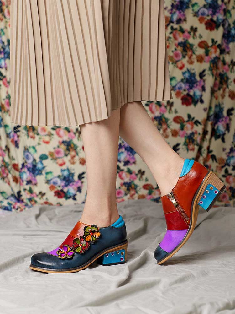 Retro Flowers Splicing Genuine Leather Flat Shoes – product view 6