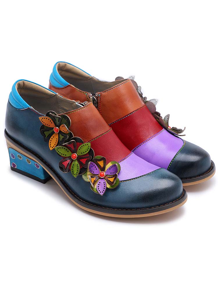 Retro Flowers Splicing Genuine Leather Flat Shoes – product view 4