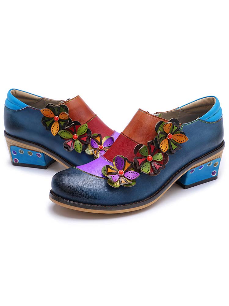 Retro Flowers Splicing Genuine Leather Flat Shoes – product view 5
