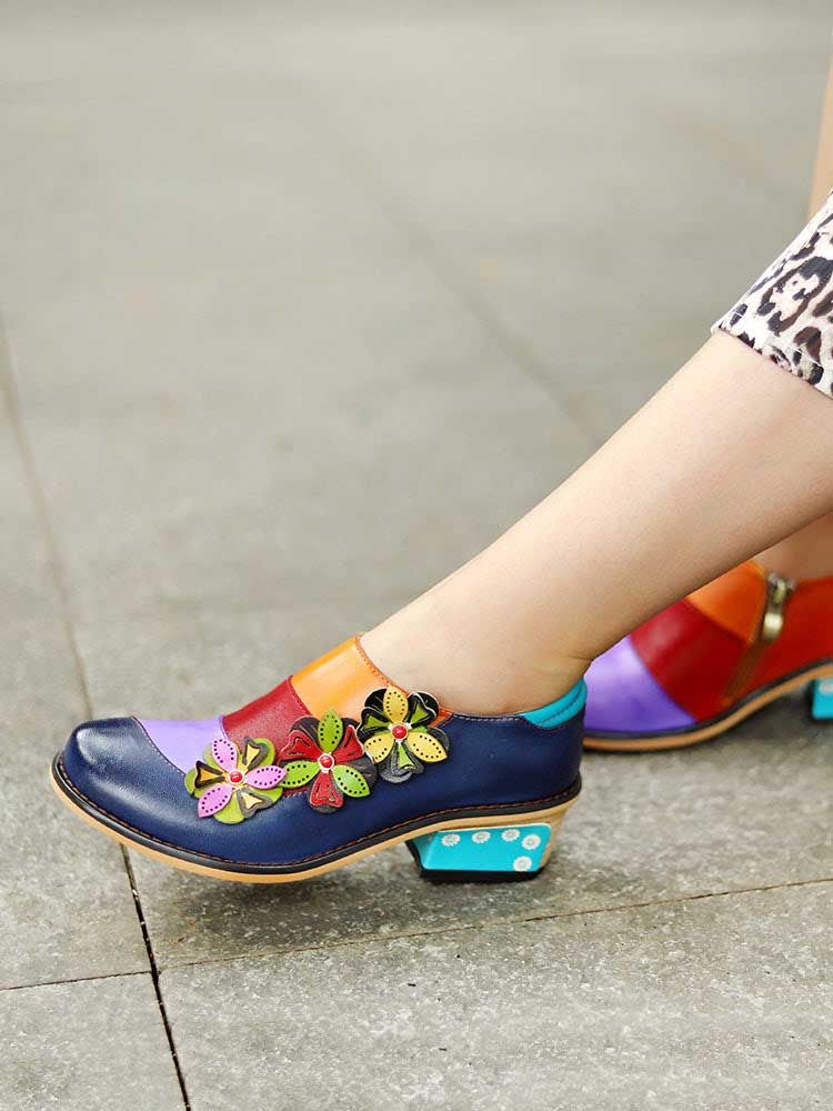 Retro Flowers Splicing Genuine Leather Flat Shoes – product view 7