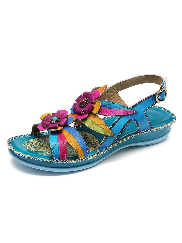 Vintage Embossing Flowers Leather Stitching Sandals – product view 1