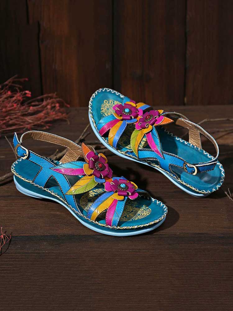 Vintage Embossing Flowers Leather Stitching Sandals – product view 14