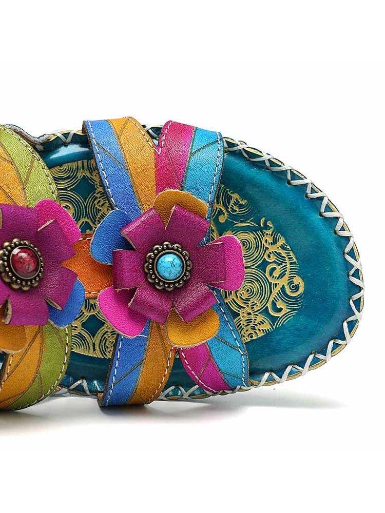 Vintage Embossing Flowers Leather Stitching Sandals – product view 9