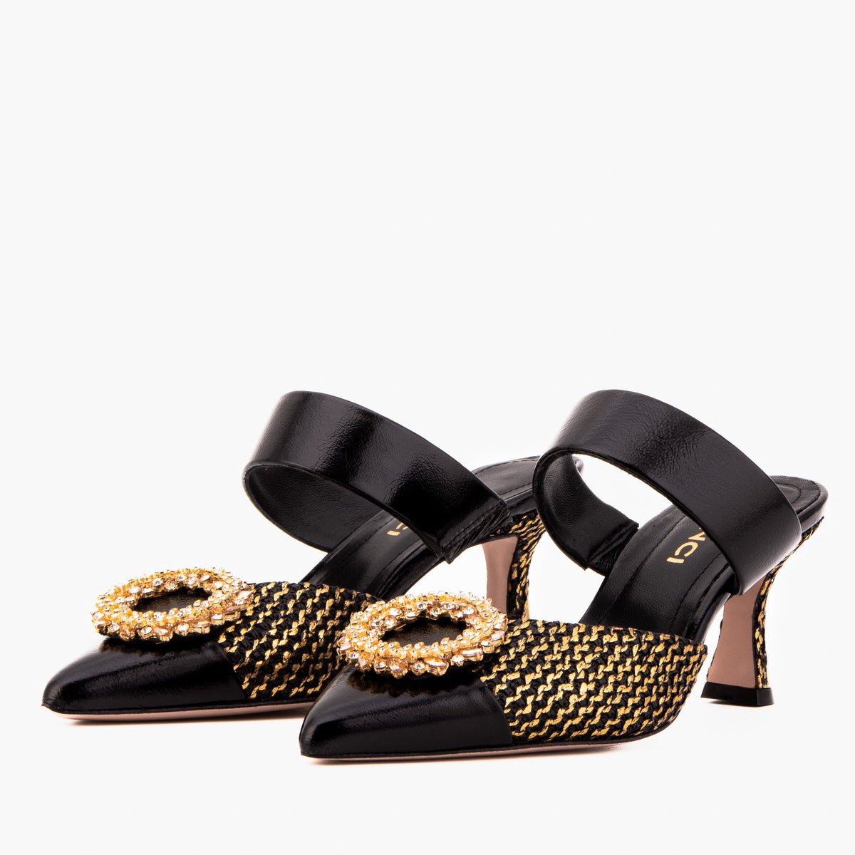 Vinci Leather The Valencia Black & Gold Jewel Heel Women Mule Sandal – product view 2