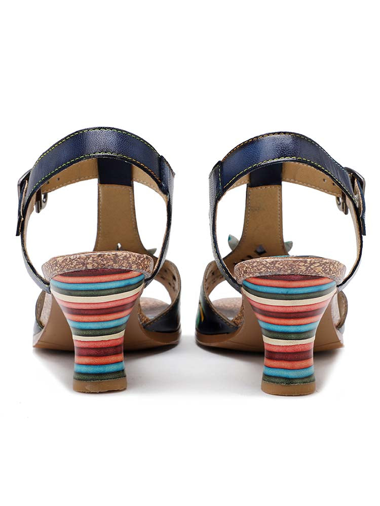 Retro Handmade Colored Stripe Heel Comfy Sandals – product view 10