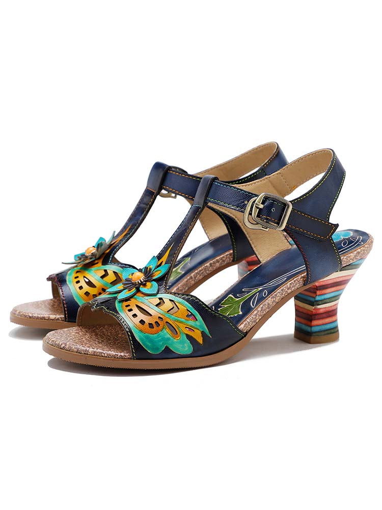 Retro Handmade Colored Stripe Heel Comfy Sandals – product view 2