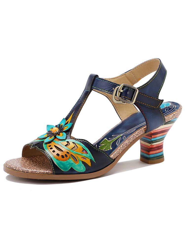 Retro Handmade Colored Stripe Heel Comfy Sandals – product view 1