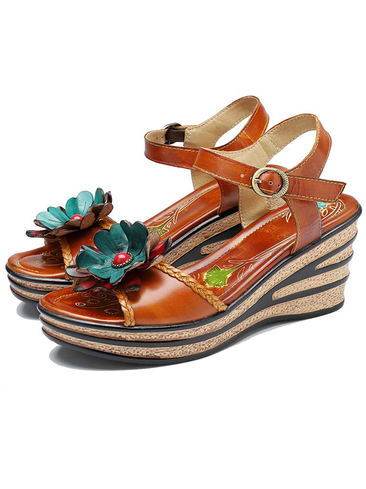 Retro Handmade Floral Wedge Sandals – product view 2