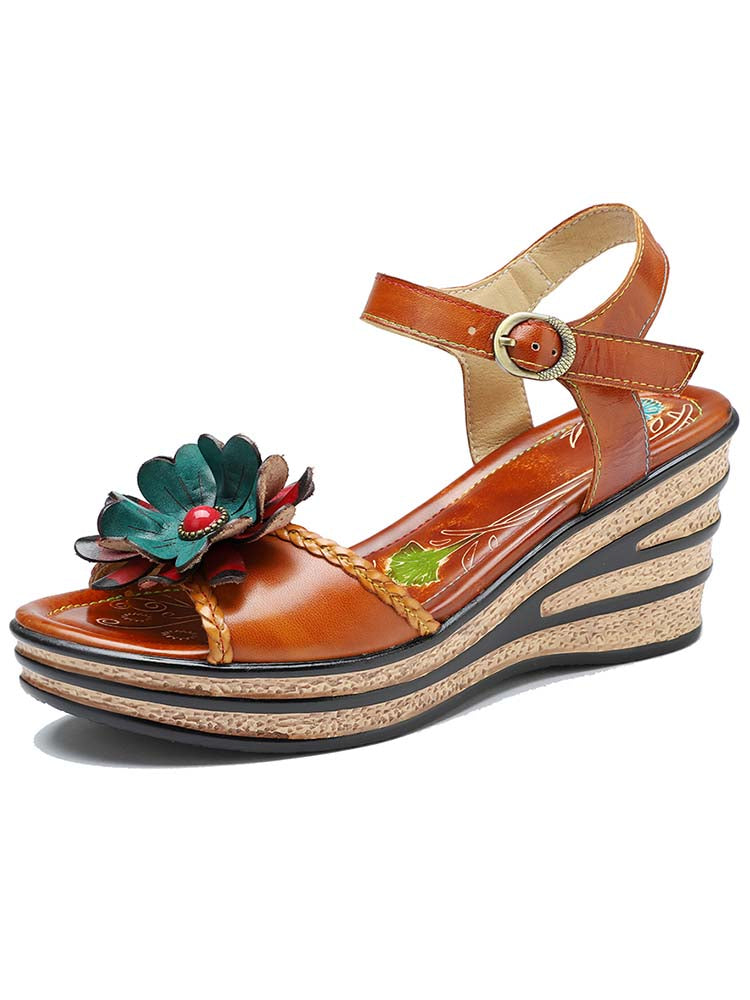 Retro Handmade Floral Wedge Sandals – product view 1