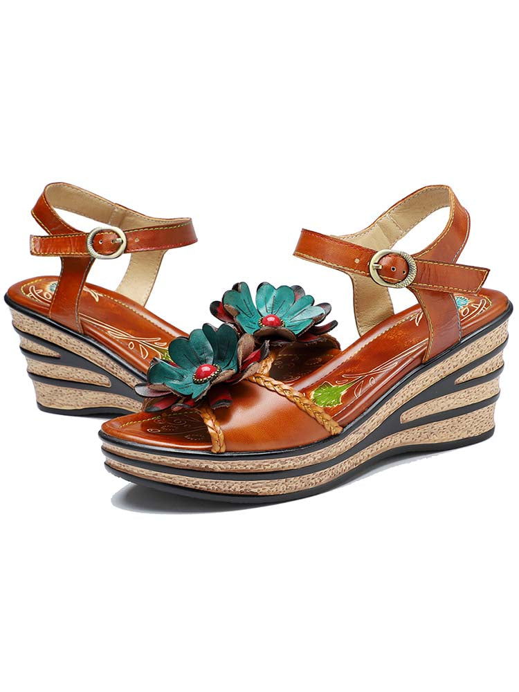 Retro Handmade Floral Wedge Sandals – product view 6