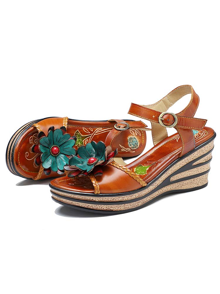 Retro Handmade Floral Wedge Sandals – product view 5