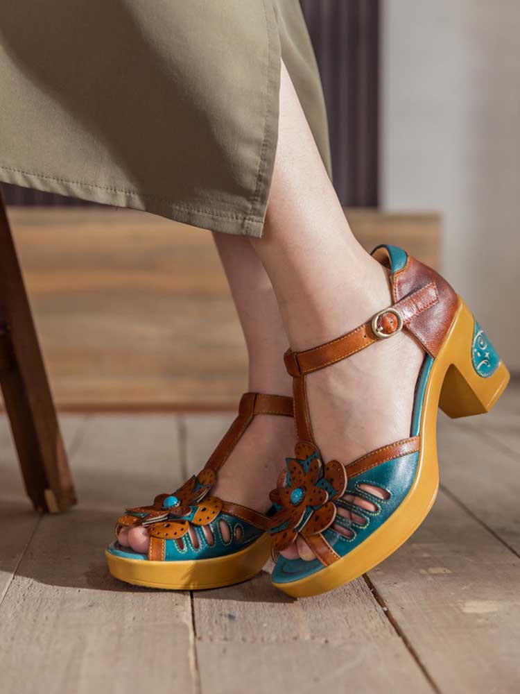 Vintage Handmade Fish Mouth Floral Sandals – product view 10