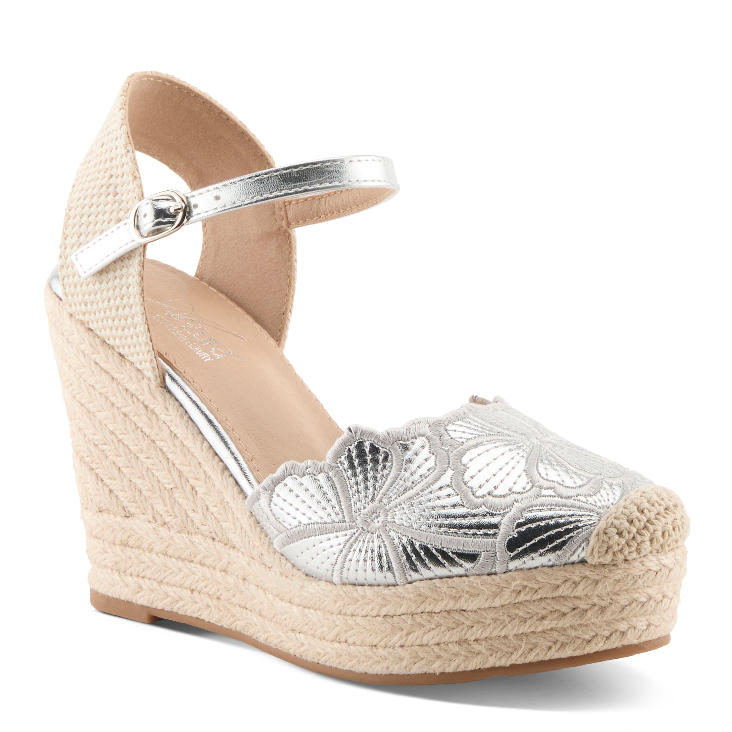 Azura Amelia Espadrilles women's wedge sandal in silver multi with buckle detail