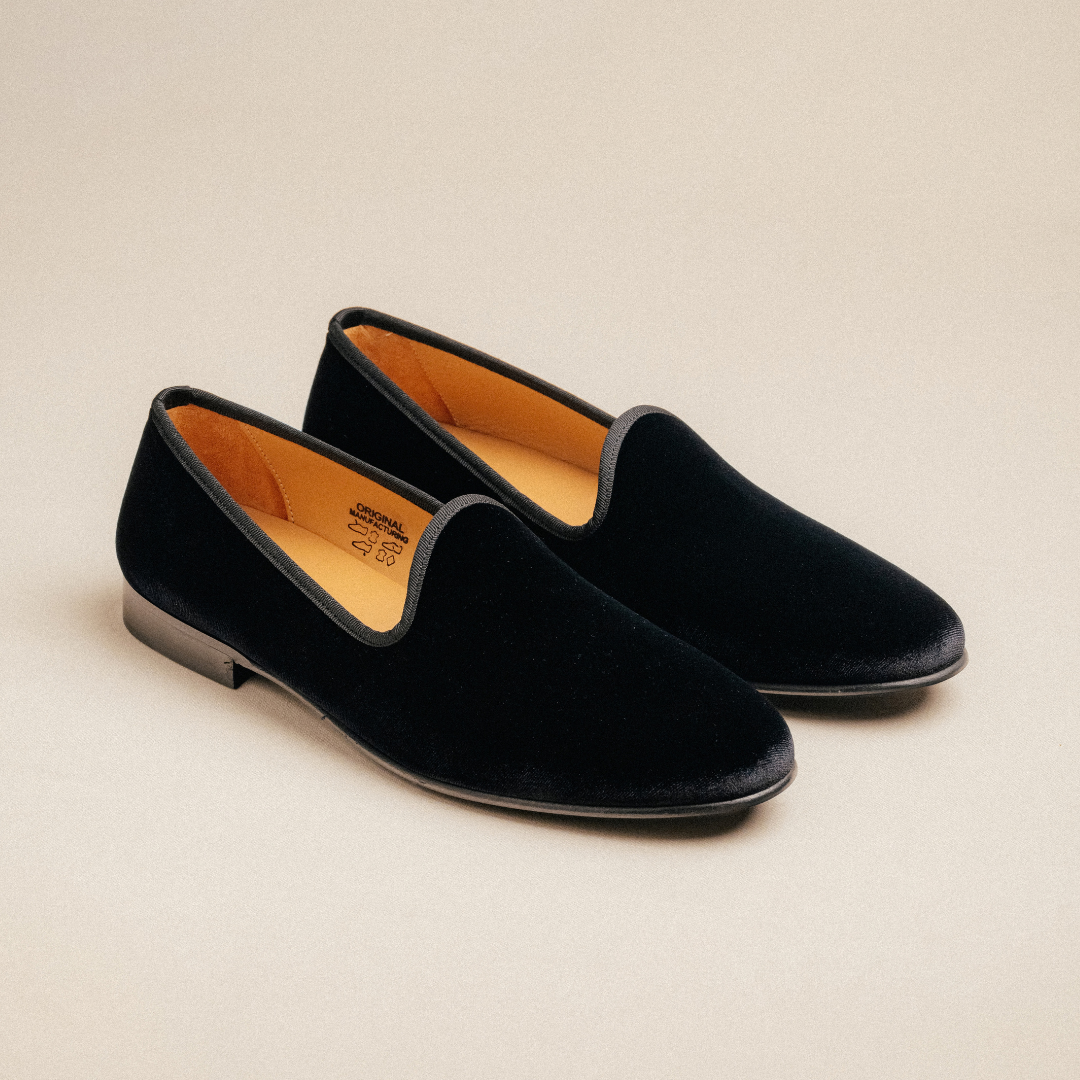 Del Toro Shoes Men's Black Velvet Slipper II With Black Grosgrain Stripe