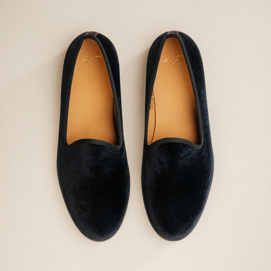 Del Toro Shoes Men's Black Velvet Slipper II With Black Grosgrain Stripe